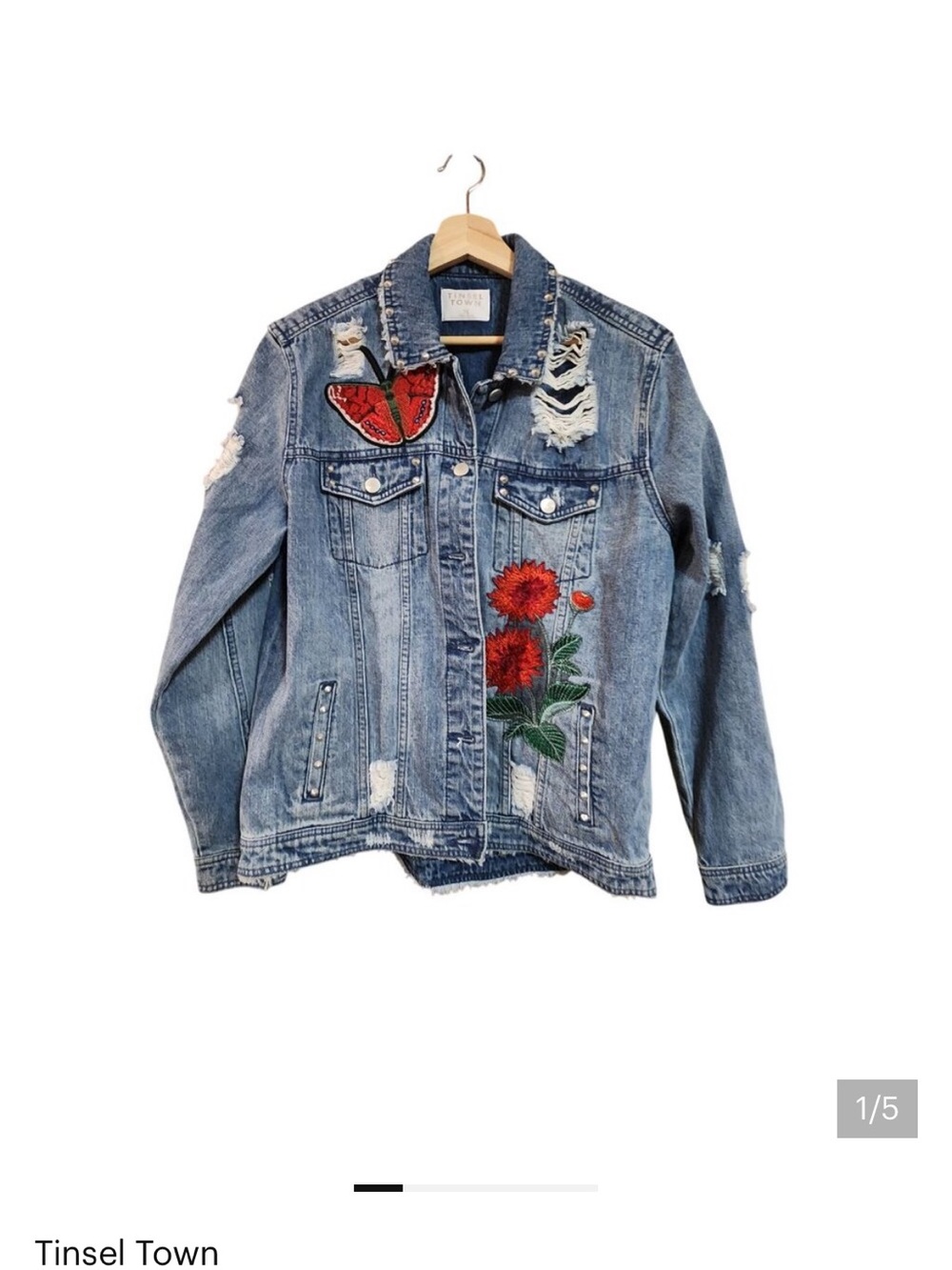 Tinseltown Light Blue Distressed Denim Jacket with Red Floral Patches